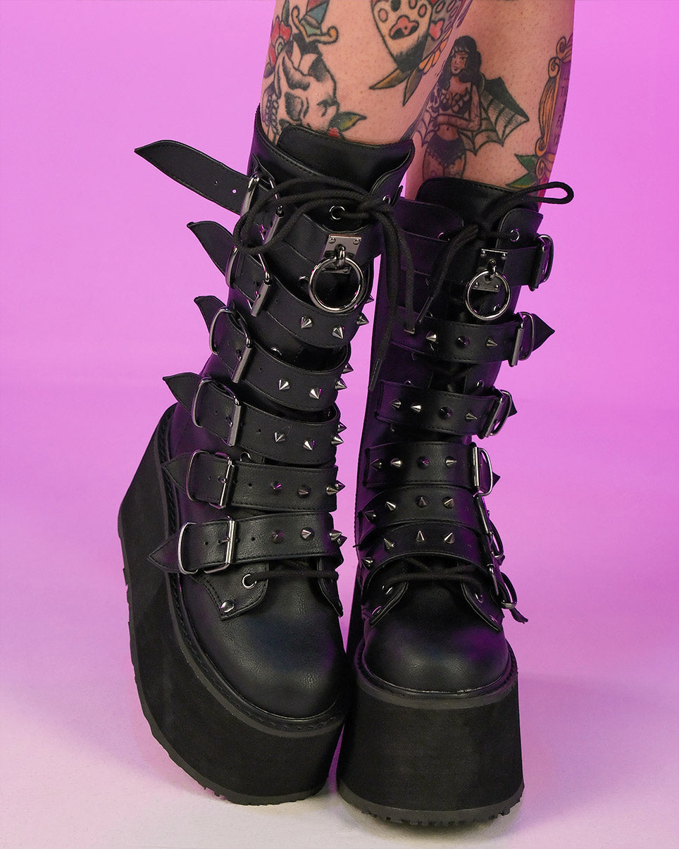 Demonia Matte Black Studded Mid-Calf Platform Boots - Rave Wonderland