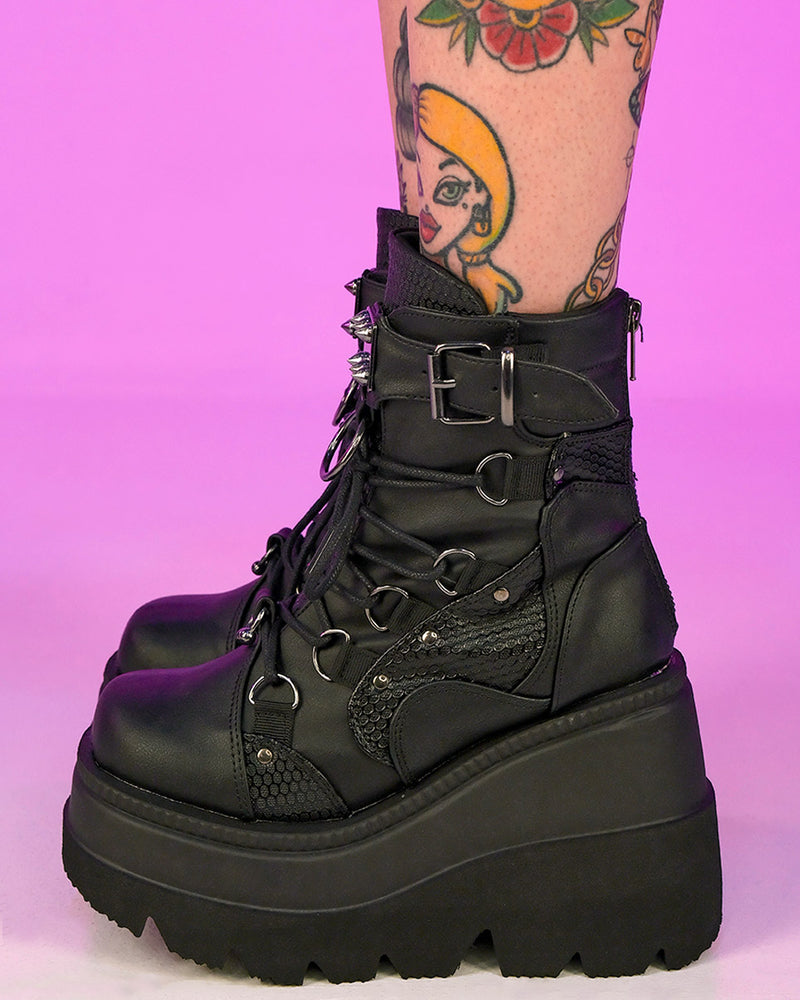 Demonia Shaker Black Vegan Wedge Platform - Rave Wonderland
