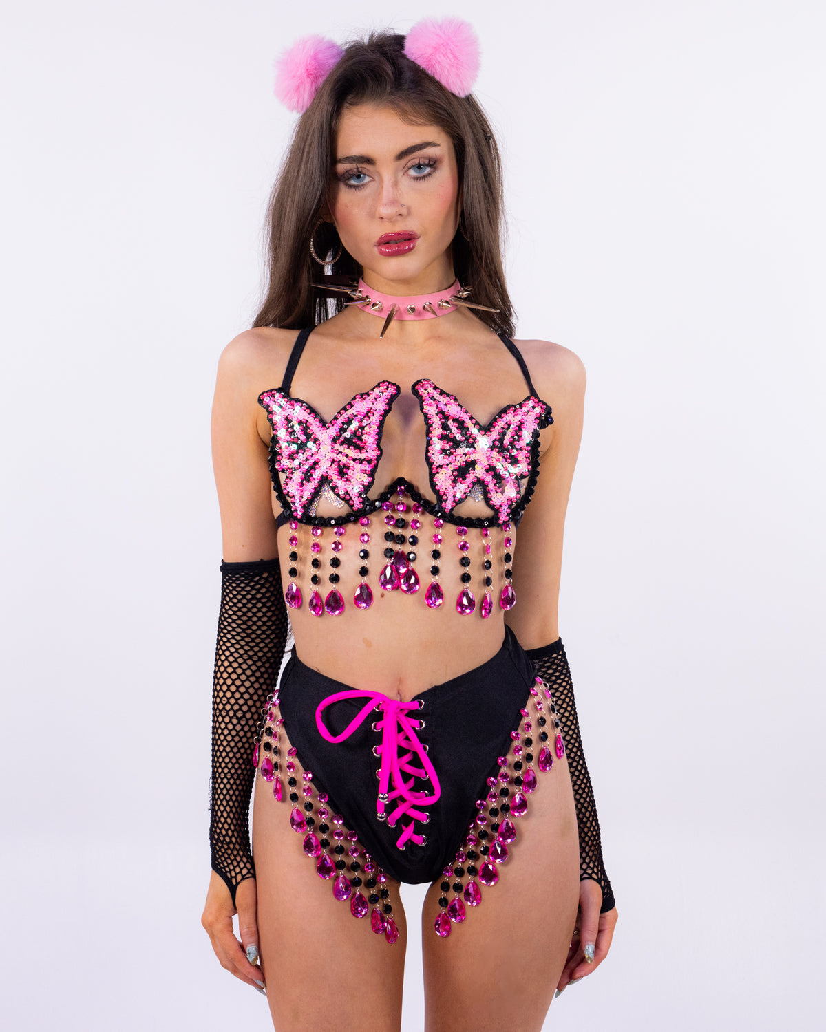 Pixel Butterfly Women's Black & Pink 2pc Carnival Bra Set