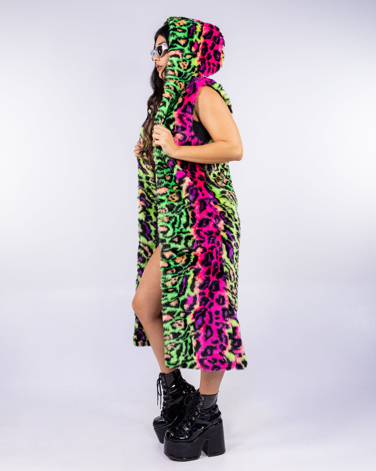 Wild Playa Unisex Neon Leopard Faux Fur Sleeveless Coat