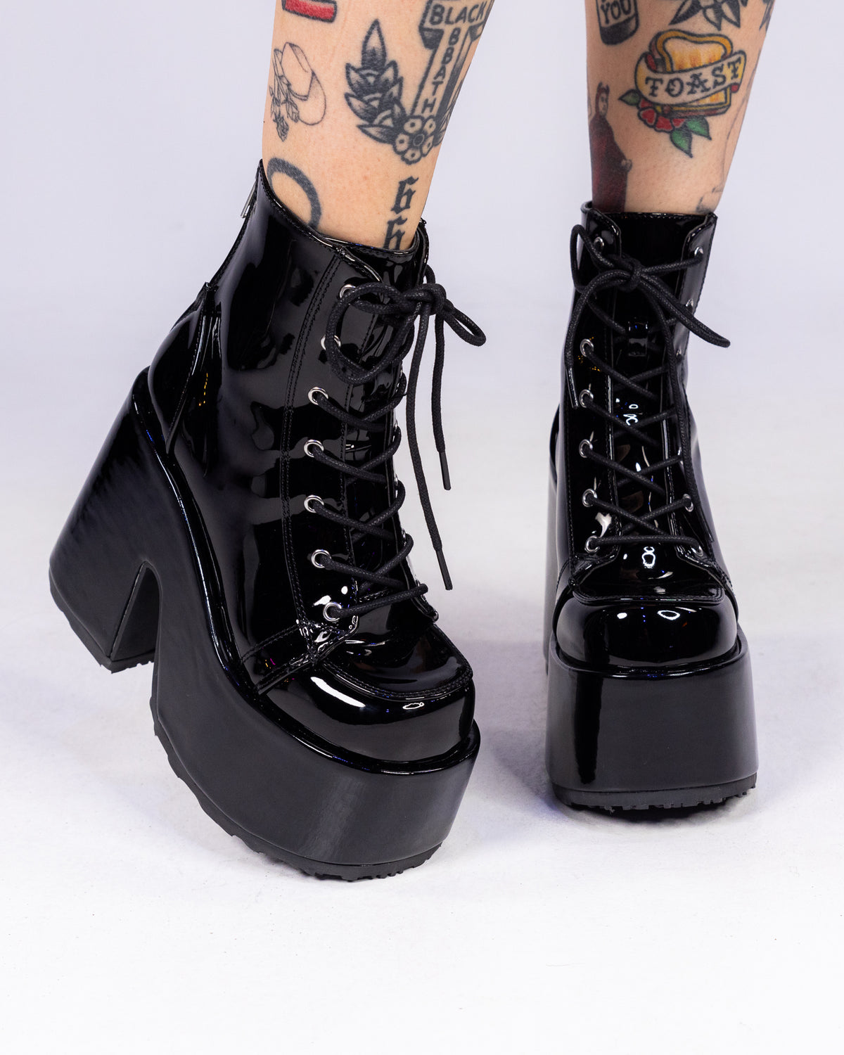 Demonia Black Patent Lace-Up Women's Platform Ankle Boots