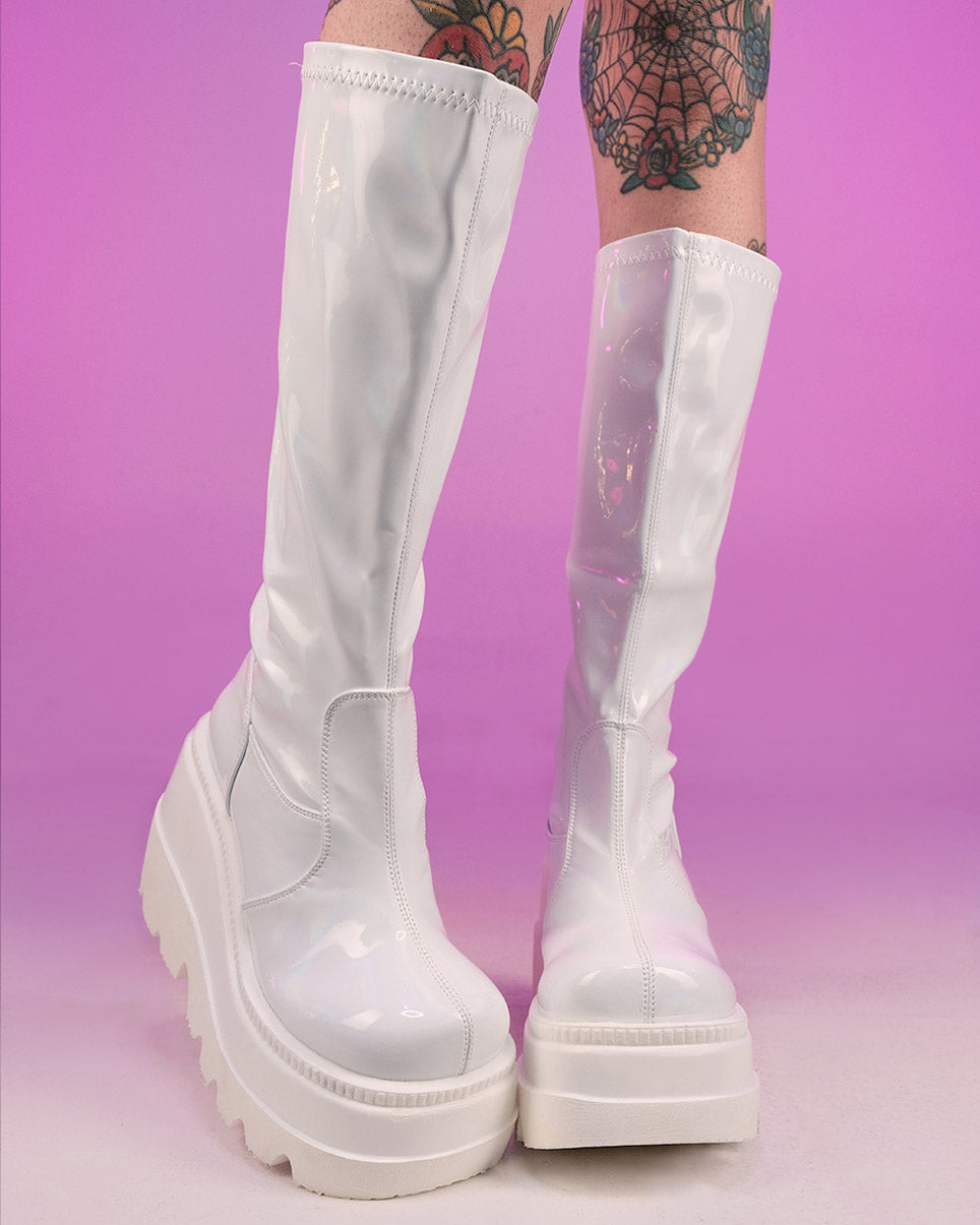 Demonia Shaker White Holo Knee High Boots