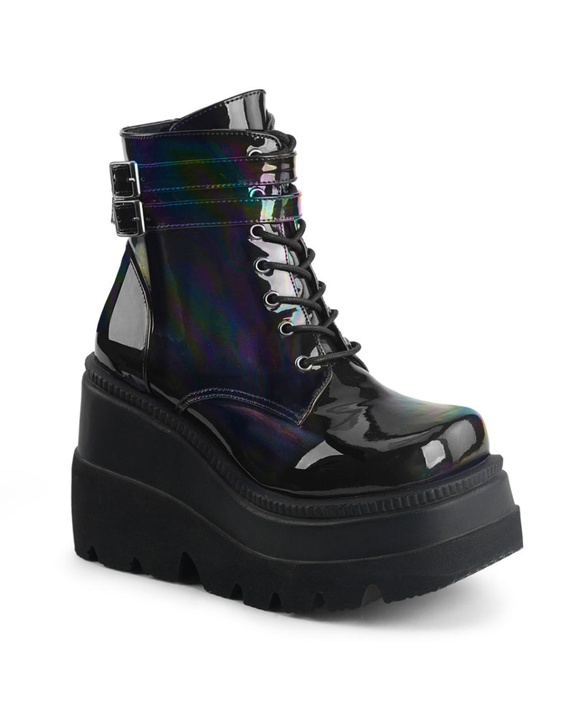 Demonia Holographic Black Stacked Platform Ankle Boots - Rave Wonderland