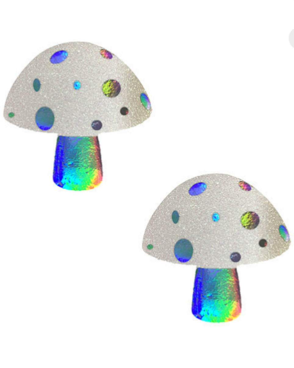 Alice Down The Rabbit Holographic White Glitter Shroom Pasties - Rave Wonderland