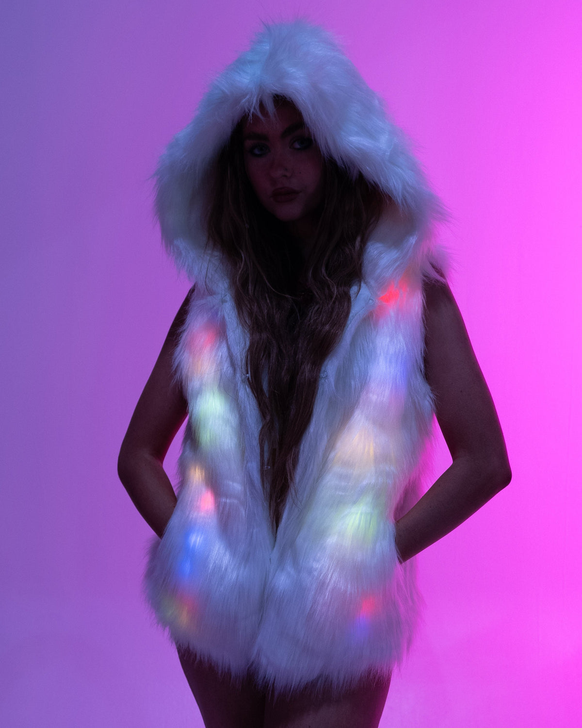 Multi-Color LED Hooded Faux Fur Vest