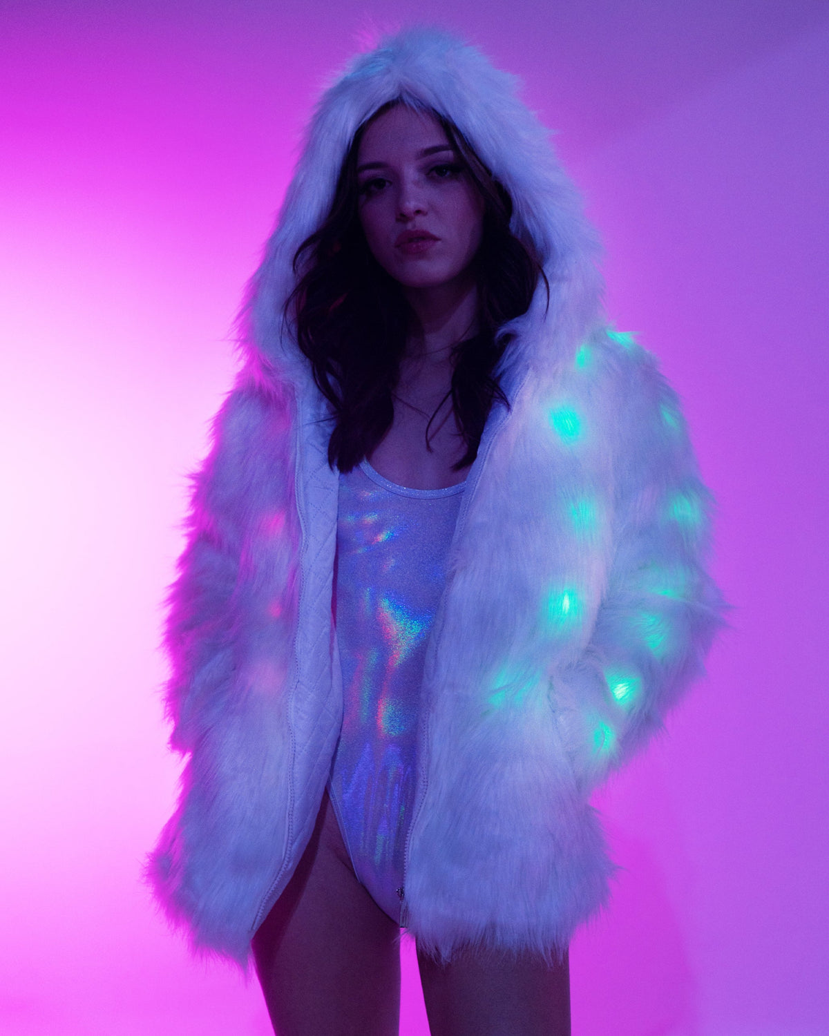 Multi-Color LED Faux Fur Hooded Coat