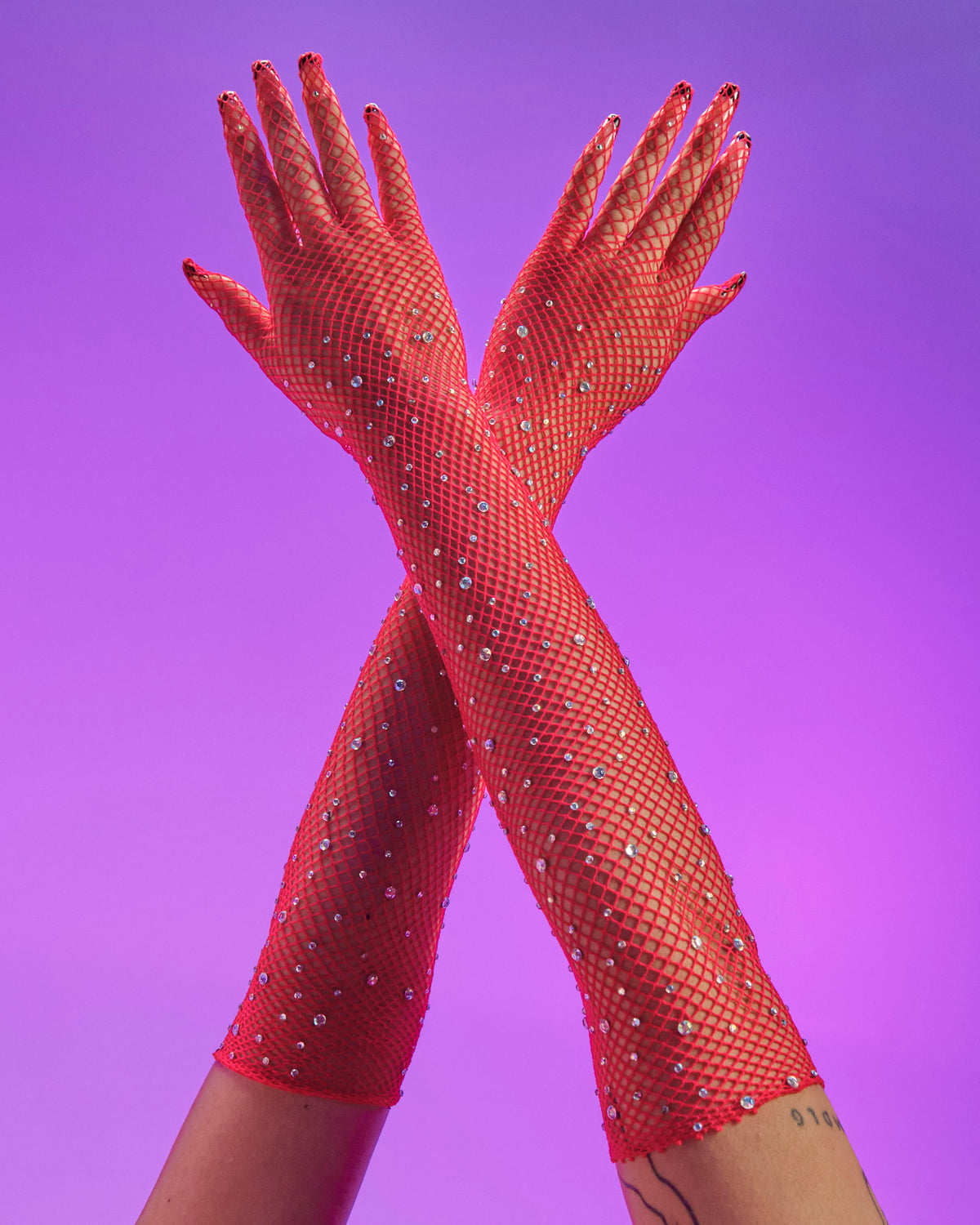 Red Rhinestone Fishnet Long Gloves - Rave Wonderland