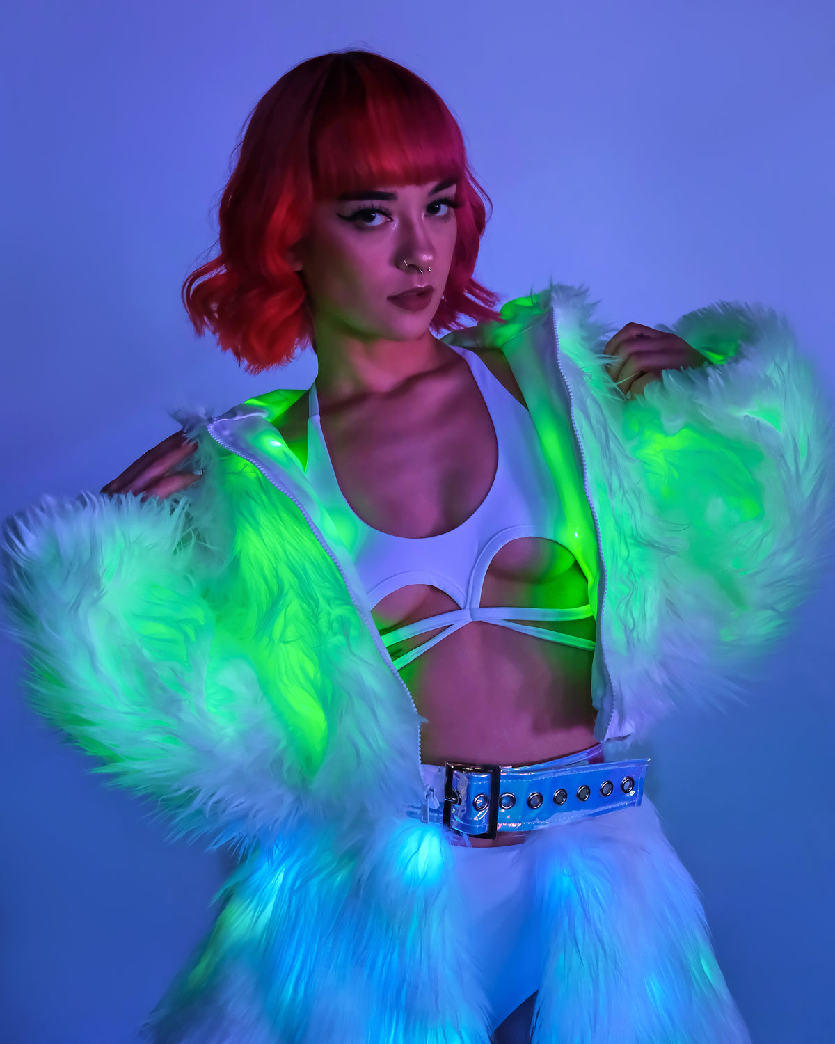 Green LED White Furry Cropped Hooded Jacket - Rave Wonderland
