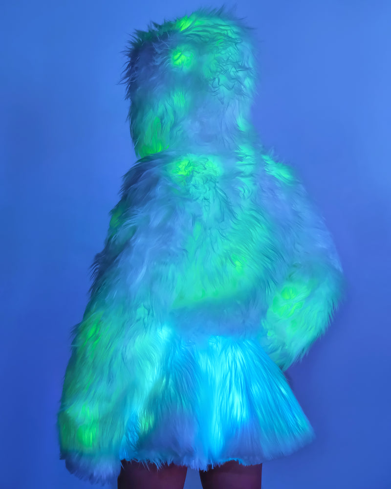 Green LED White Furry Cropped Hooded Jacket - Rave Wonderland