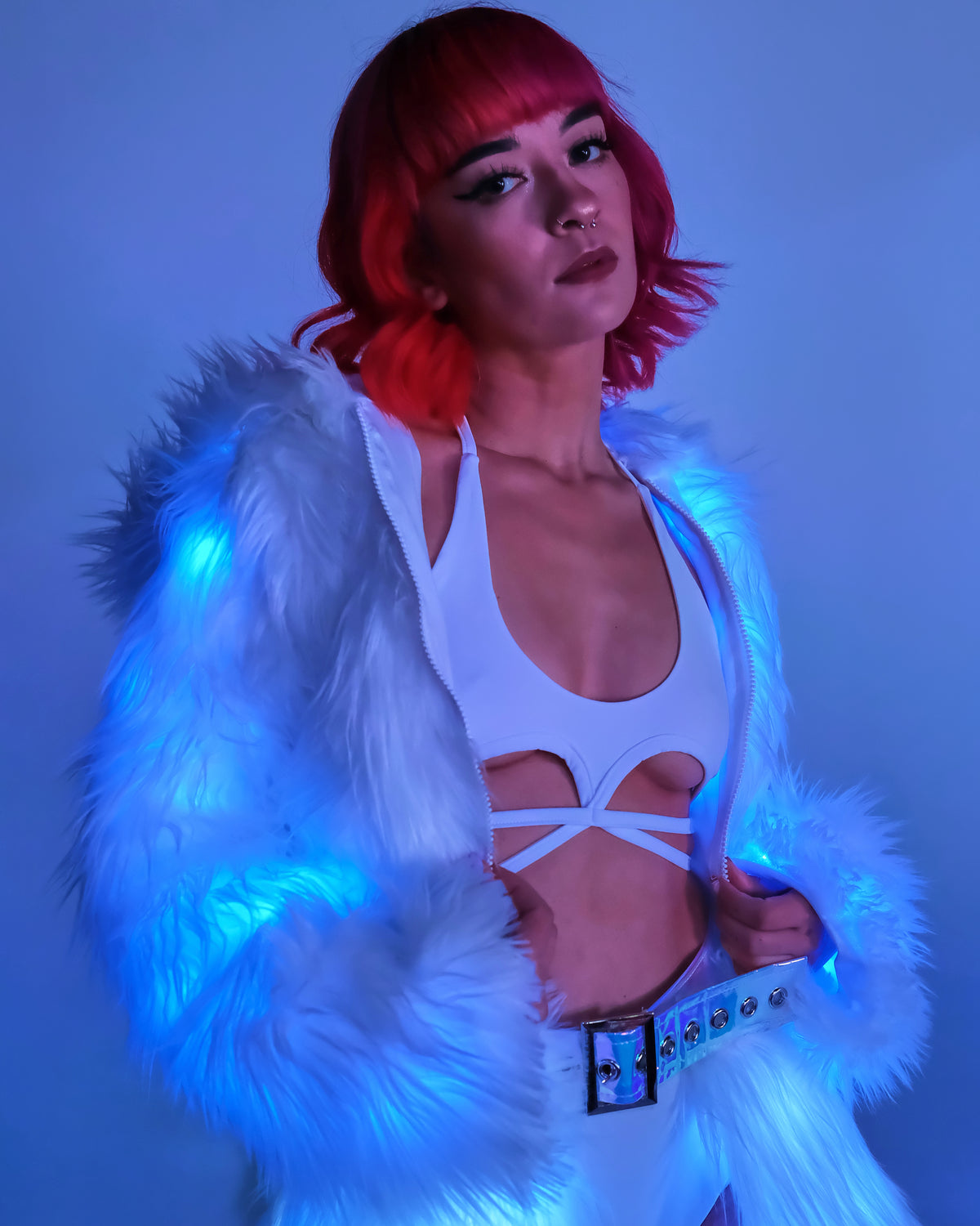 Blue LED White Furry Cropped Hooded Jacket - Rave Wonderland