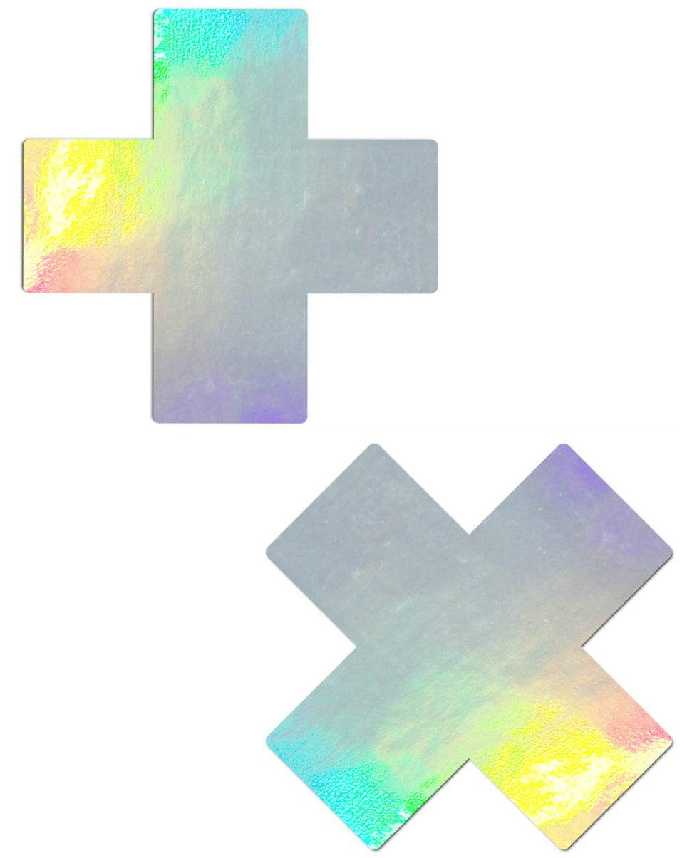 PLUS X: HOLOGRAPHIC CROSS NIPPLE PASTIES -  rave wear, rave outfits, edc, booty shorts